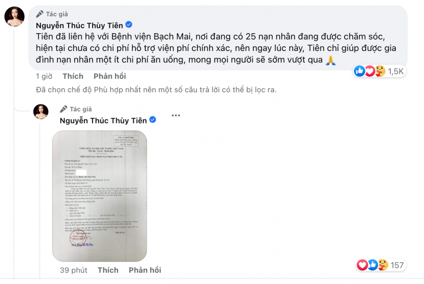 HH Thùy Tiên liên hệ với bệnh viện Bạch Mai để hỗ trợ một phần chi phí ăn uống cho các nạn nhân trong thời gian điều trị.