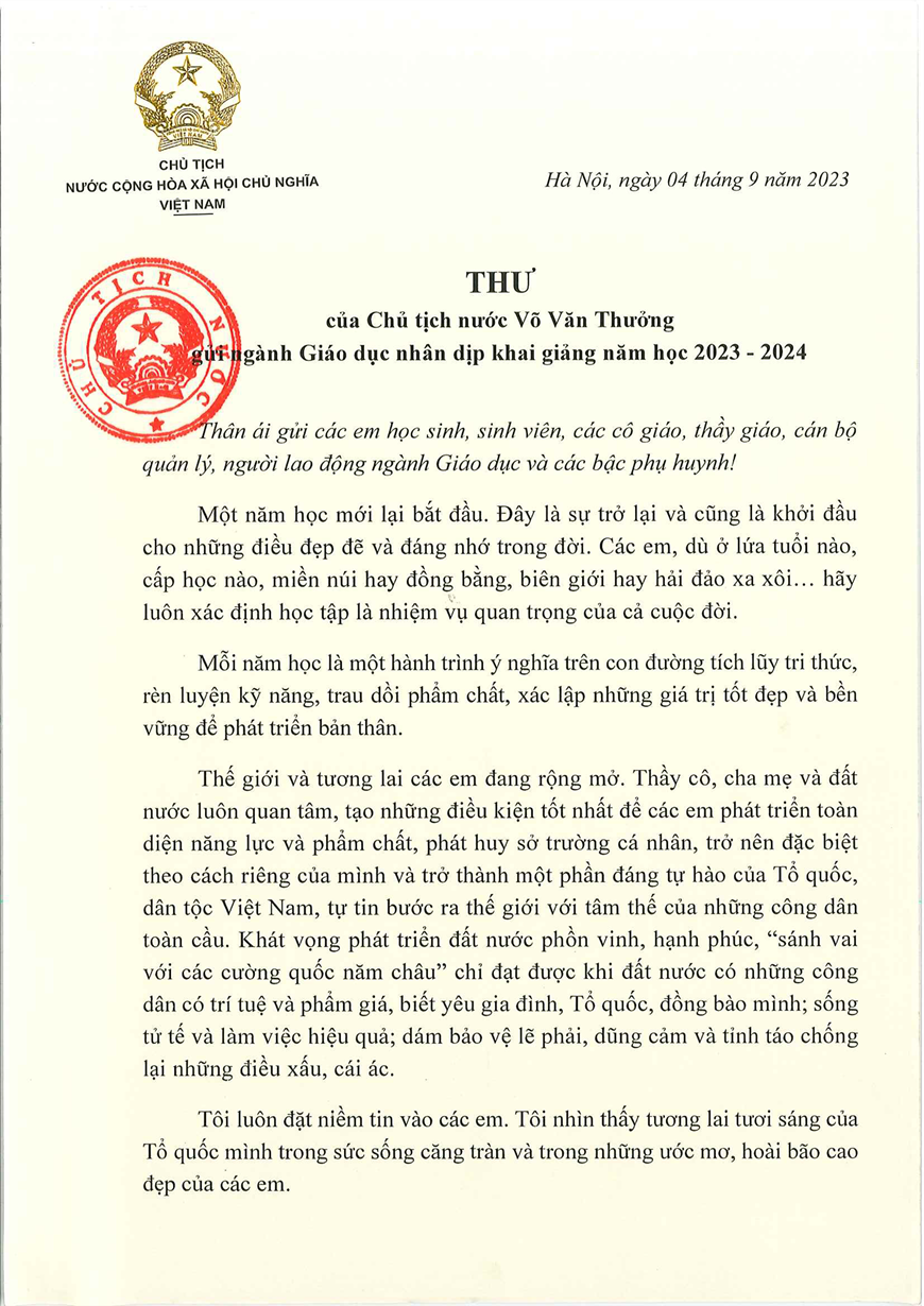 Thư chúc mừng ngành Giáo dục nhân dịp khai giảng năm học 2023-2024 của Chủ tịch nước Võ Văn Thưởng Thư chúc mừng ngành Giáo dục nhân dịp khai giảng năm học 2023-2024 của Chủ tịch nước Võ Văn Thưởng