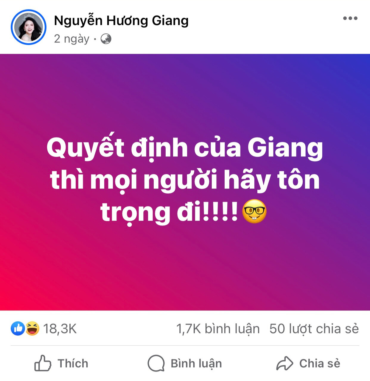 Bài đăng gần đây của Hương Giang gây tranh luận. (Ảnh chụp màn hình) Bài đăng gần đây của Hương Giang gây tranh luận. (Ảnh chụp màn hình)
