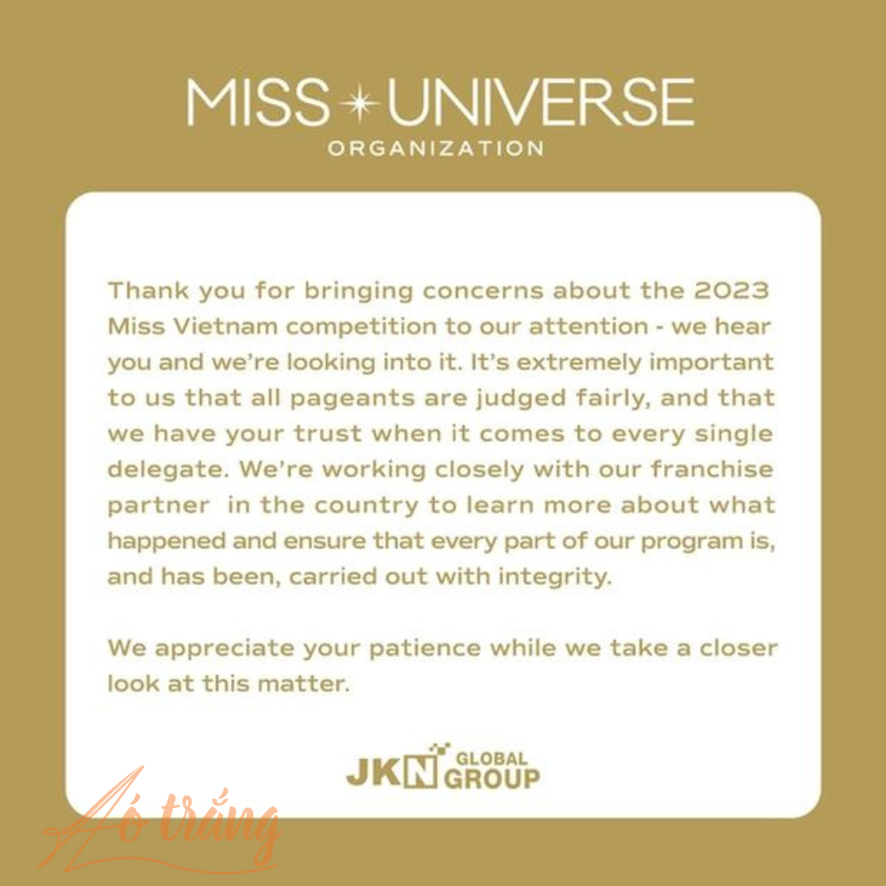 Nguyên văn thông báo chính thức từ tổ chức Miss Universe về kết quả đăng quang của Bùi Quỳnh Hoa Nguyên văn thông báo chính thức từ tổ chức Miss Universe về kết quả đăng quang của Bùi Quỳnh Hoa