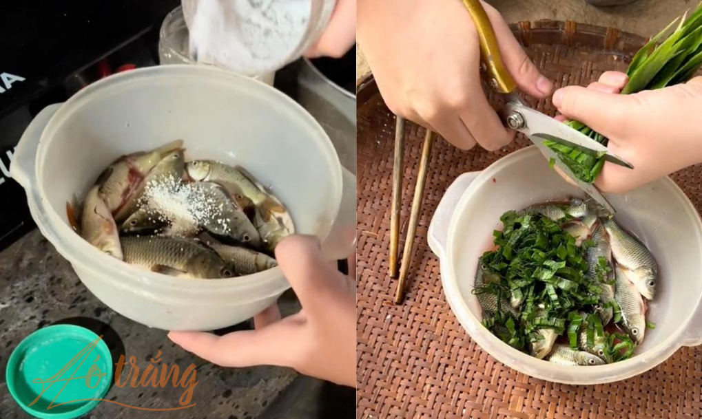 Phần nhân cá chép được tẩm ướp gia vị, đặc biệt không thể thiếu lá gừng với mục đích giảm bớt mùi tanh của cá Phần nhân cá chép được tẩm ướp gia vị, đặc biệt không thể thiếu lá gừng với mục đích giảm bớt mùi tanh của cá
