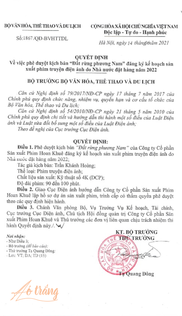 Quyết định phê duyệt kịch bản "Đất rừng phương Nam" đăng ký kế hoạch sản xuất phim truyện điện ảnh do Nhà nước đặt hàng năm 2022 . Ảnh: NSX Quyết định phê duyệt kịch bản "Đất rừng phương Nam" đăng ký kế hoạch sản xuất phim truyện điện ảnh do Nhà nước đặt hàng năm 2022 . Ảnh: NSX