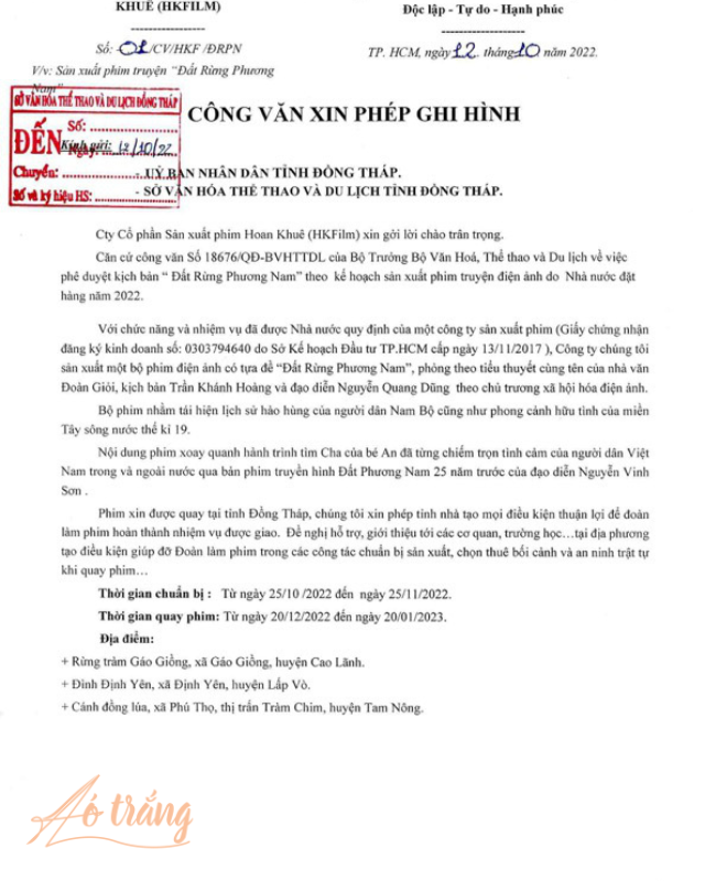 Công văn xin phép ghi hình tại tỉnh Đồng Tháp do nhà sản xuất "Đất rừng phương Nam" gửi UBND tỉnh Đồng Tháp vào năm 2022. Ảnh: NSX Công văn xin phép ghi hình tại tỉnh Đồng Tháp do nhà sản xuất "Đất rừng phương Nam" gửi UBND tỉnh Đồng Tháp vào năm 2022. Ảnh: NSX