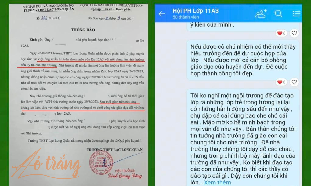 Phụ huynh lớp 12A3, Trường THPT Lạc Long Quân (Hà Nội) bị mời lên trường làm việc vì có tin nhắn trong nhóm phụ huynh về vấn đề thu chi đầu năm (Nguồn: Phụ huynh cung cấp). Phụ huynh lớp 12A3, Trường THPT Lạc Long Quân (Hà Nội) bị mời lên trường làm việc vì có tin nhắn trong nhóm phụ huynh về vấn đề thu chi đầu năm (Nguồn: Phụ huynh cung cấp).
