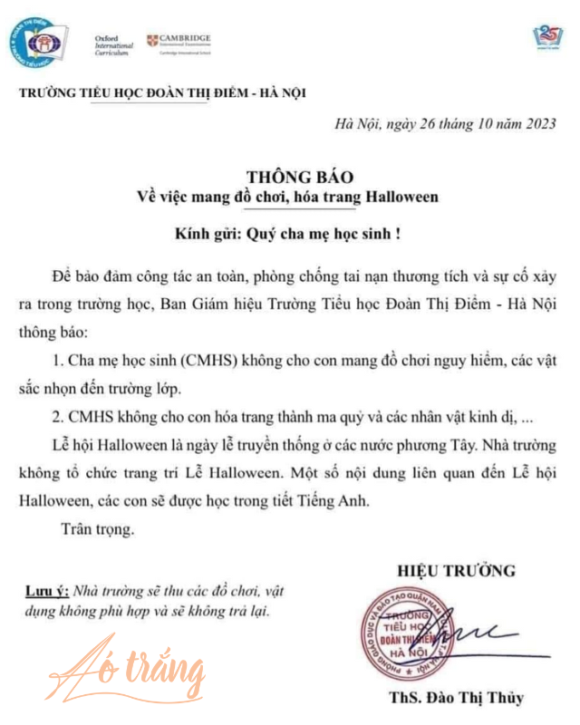 Thông báo của Trường Tiểu học Đoàn Thị Điểm về việc không tổ chức lễ hội Halloween Thông báo của Trường Tiểu học Đoàn Thị Điểm về việc không tổ chức lễ hội Halloween
