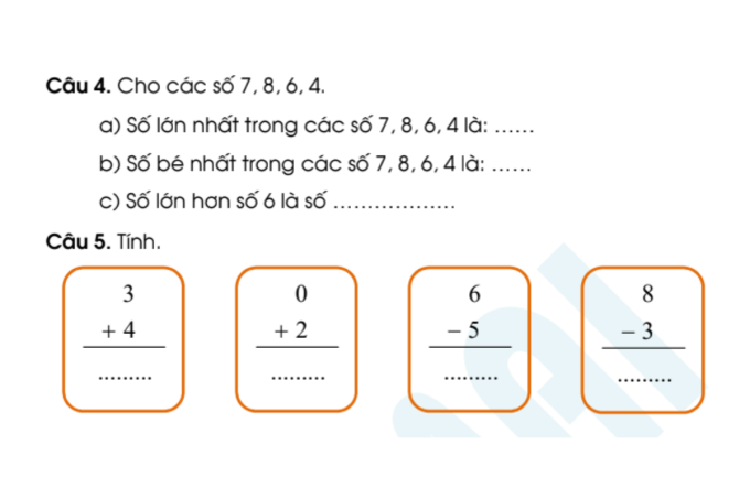 Bài toán minh họa về nhận biết số và thực hiện phép tính cộng, trừ trong phạm vi 10 xuất hiện trong bài kiểm tra môn Toán cuối học kì một.