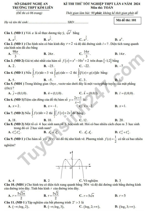 Đề thi thử tốt nghiệp THPT môn Toán năm 2024