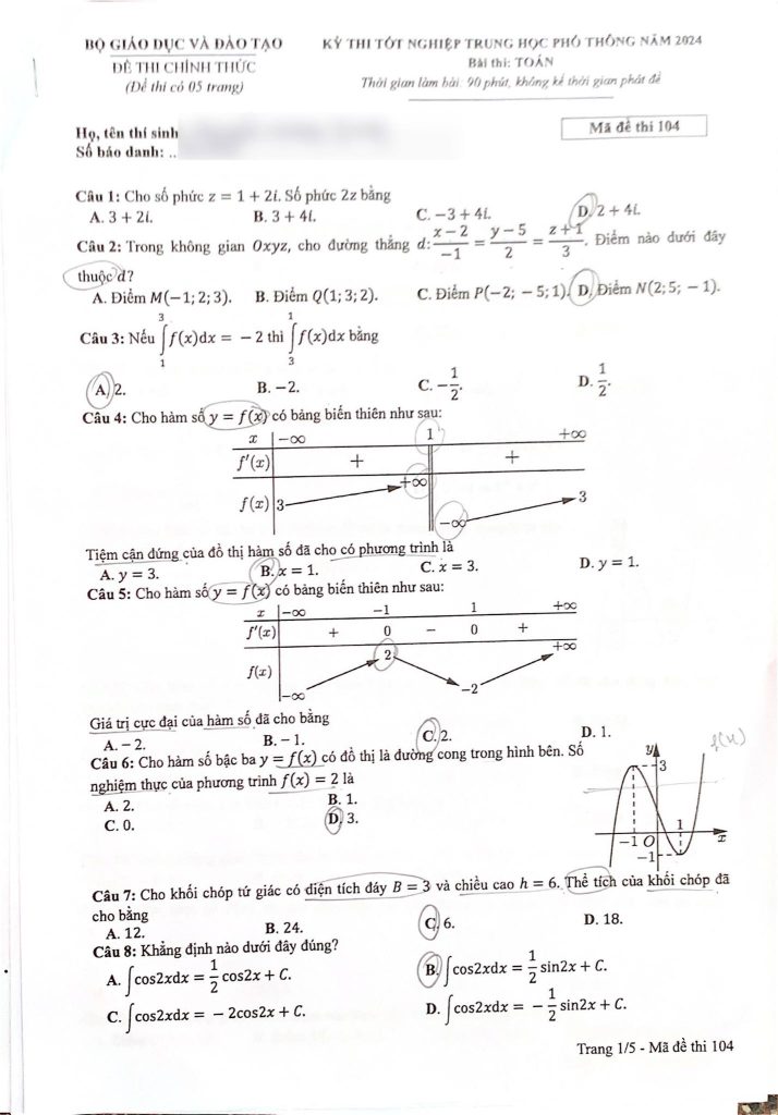 Thi tốt nghiệp THPT 2024: Đề thi, đáp án môn Toán