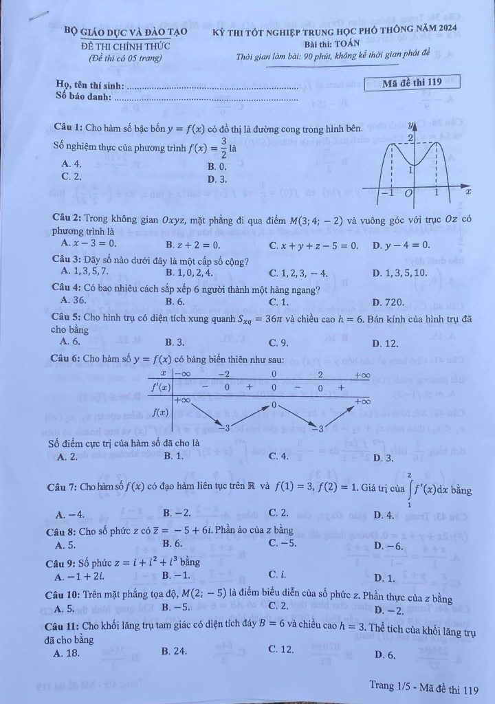 Thi tốt nghiệp THPT 2024: Đề thi, đáp án môn Toán