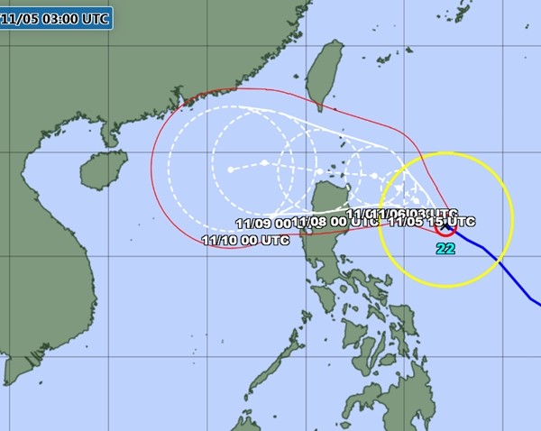 Dự báo của JMA cũng mới chỉ đến lúc bão Yinxing đi vào Biển Đông. Ảnh: JMA