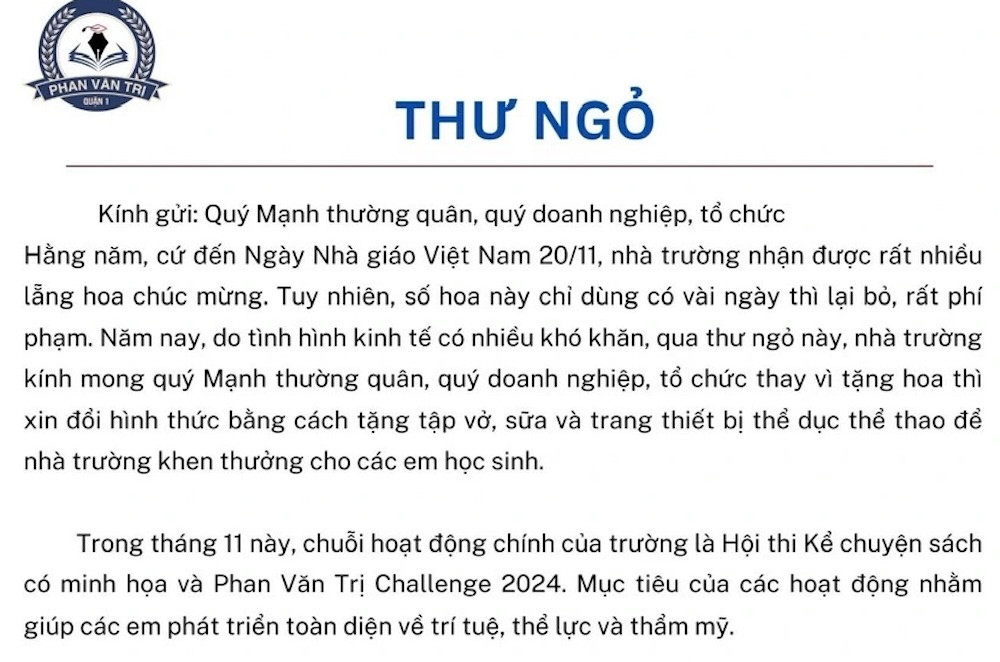 Hiệu trưởng viết thư ngỏ từ chối nhận hoa ngày 20/11