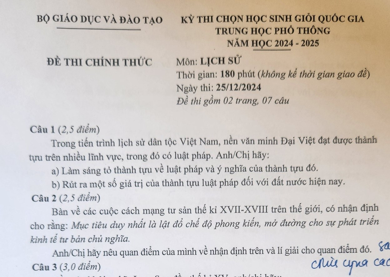 Tham khảo đề thi học sinh giỏi quốc gia môn Lịch sử năm 2024