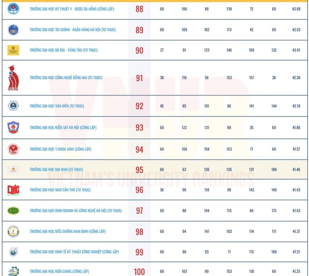 Bảng xếp hạng top 100 các trường đại học Việt Nam năm 2025 (Ảnh chụp màn hình)