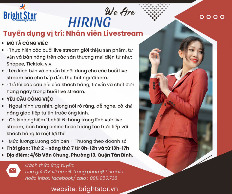 Bright Star tuyển dụng nhân viên Live Stream sàn thương mại điện tử