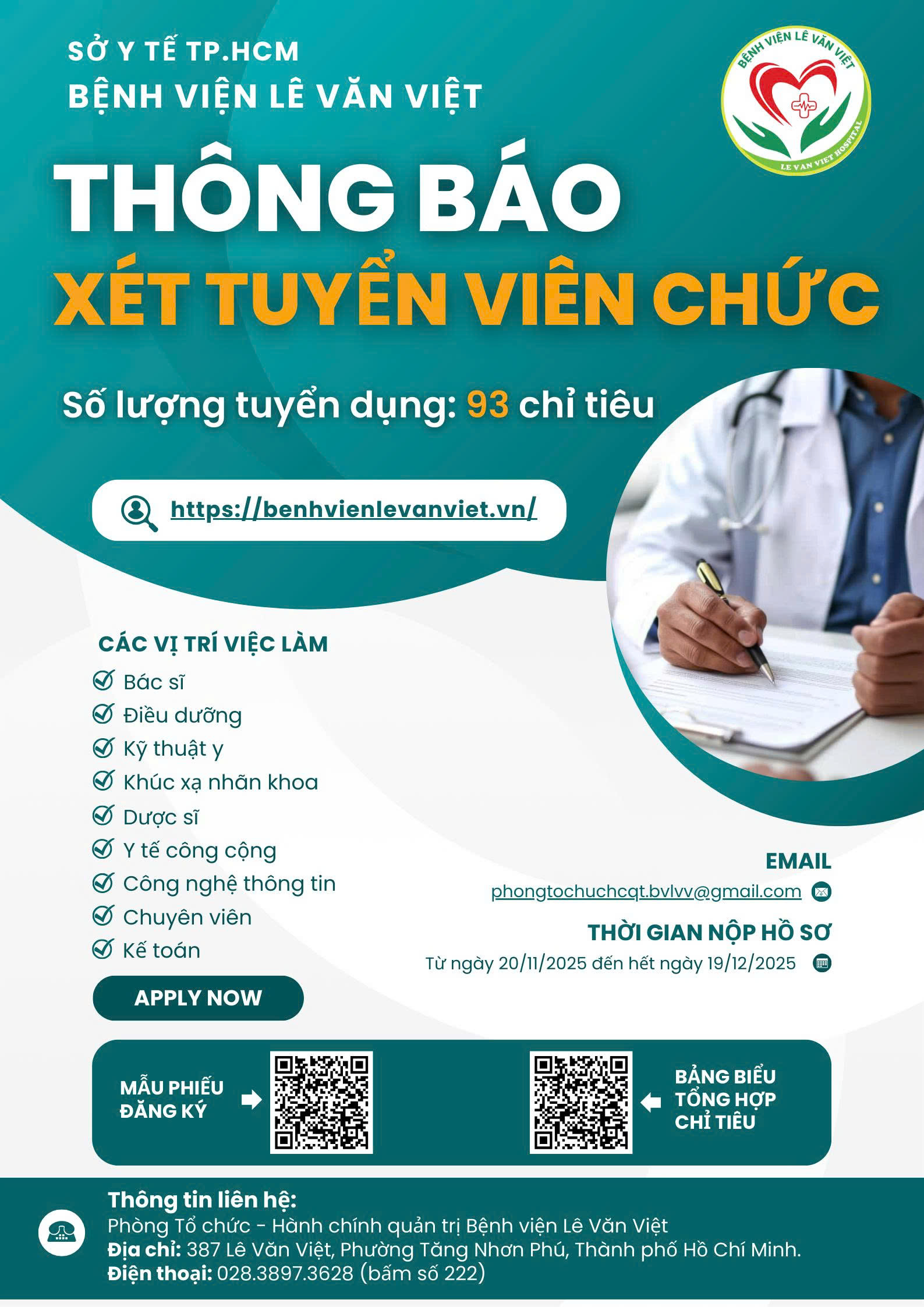 Bệnh viện Lê Văn Việt thông báo xét tuyển
