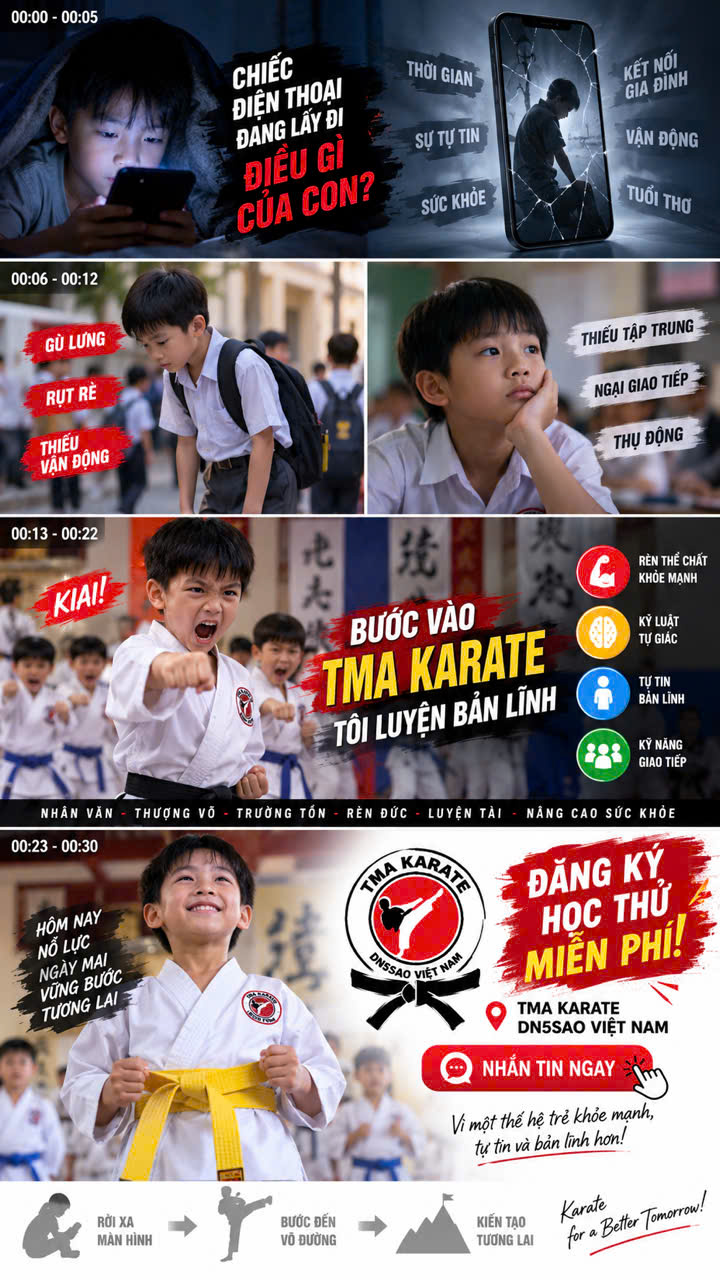 Các võ sinh TMA Karate trong giờ tập luyện, rèn thể lực, kỹ thuật và khả năng tập trung