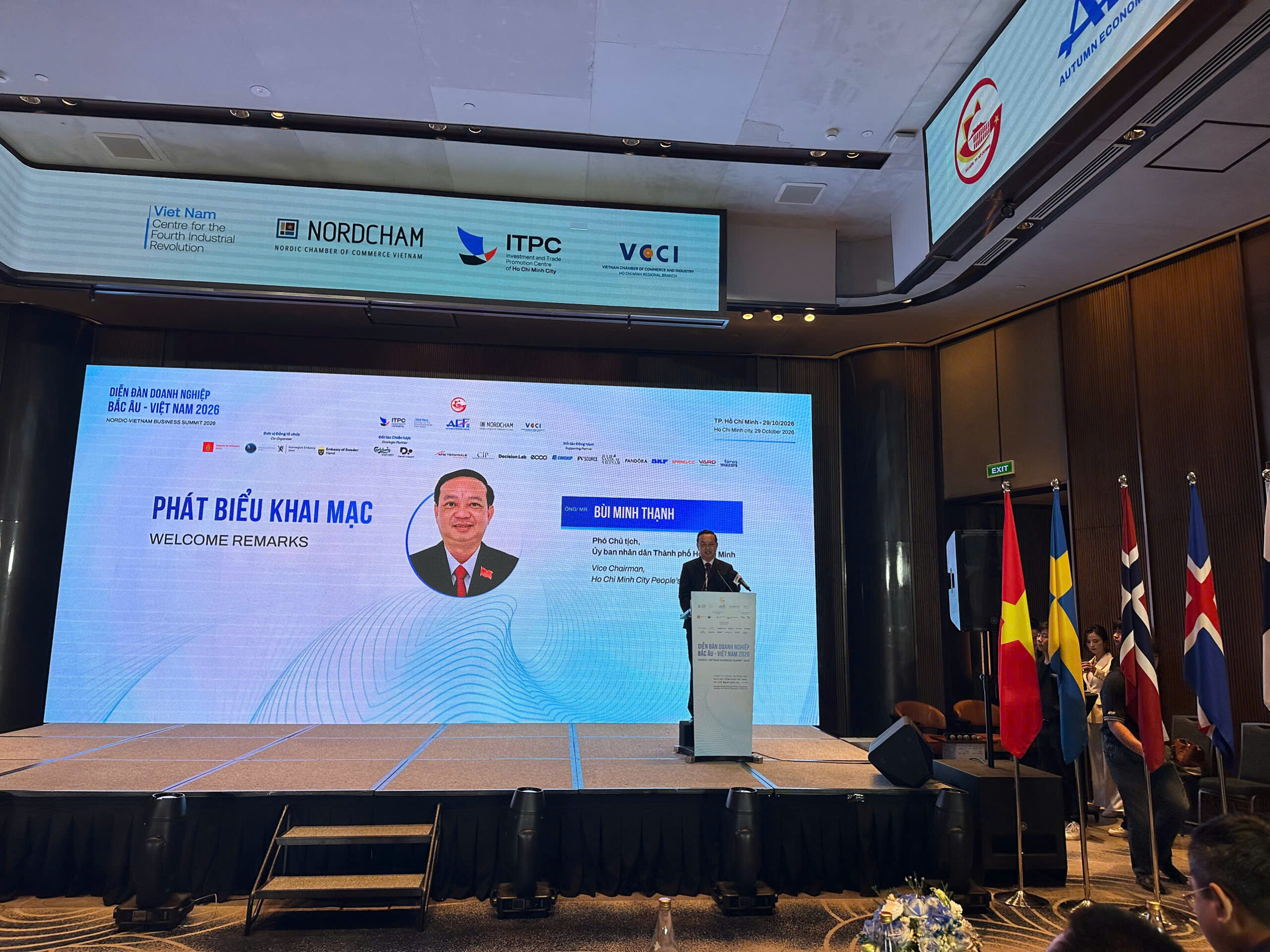 Đồng chí Bùi Minh Thạnh, Phó Chủ tịch UBND TP.HCM, phát biểu chào mừng tại Diễn đàn Doanh nghiệp Bắc Âu – Việt Nam 2026.
