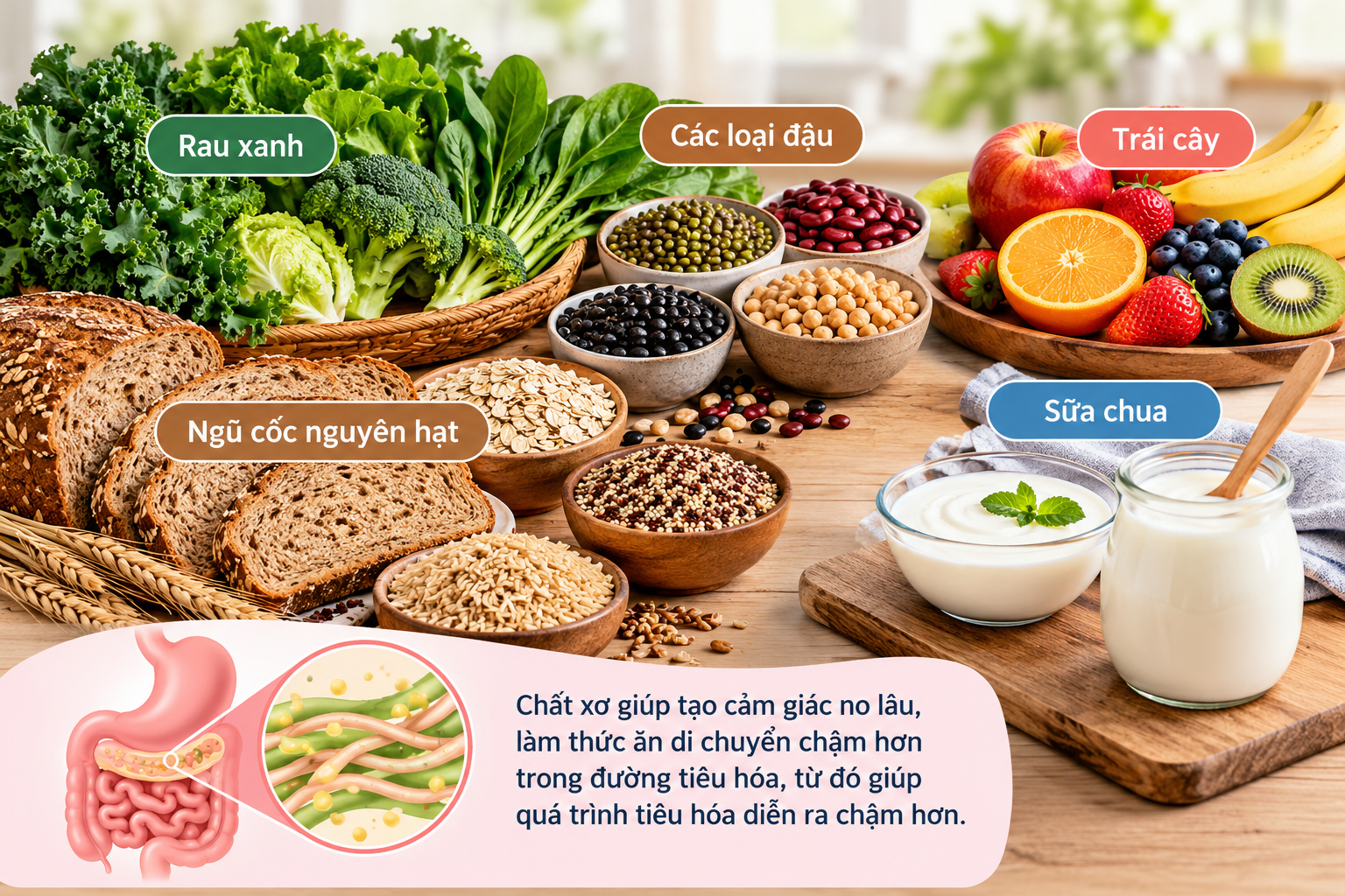 Ổn định đường huyết với thực phẩm giàu chất xơ gồm rau xanh, các loại đậu, ngũ cốc nguyên hạt, trái cây và sữa chua